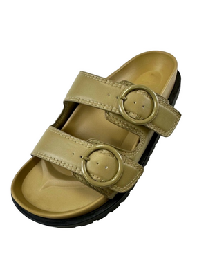 Mango khaki slide on sandals Genderless flat 2 buckle Mens 38 7.5 Womens 9